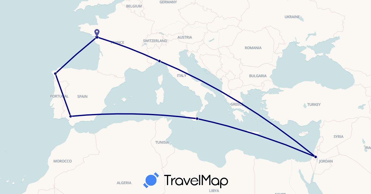 TravelMap itinerary: driving in Spain, France, Israel, Italy (Asia, Europe)